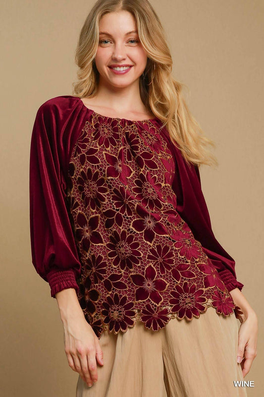Floral Lace Velvet Top with 3/4 Smocked Raglan Sleeves