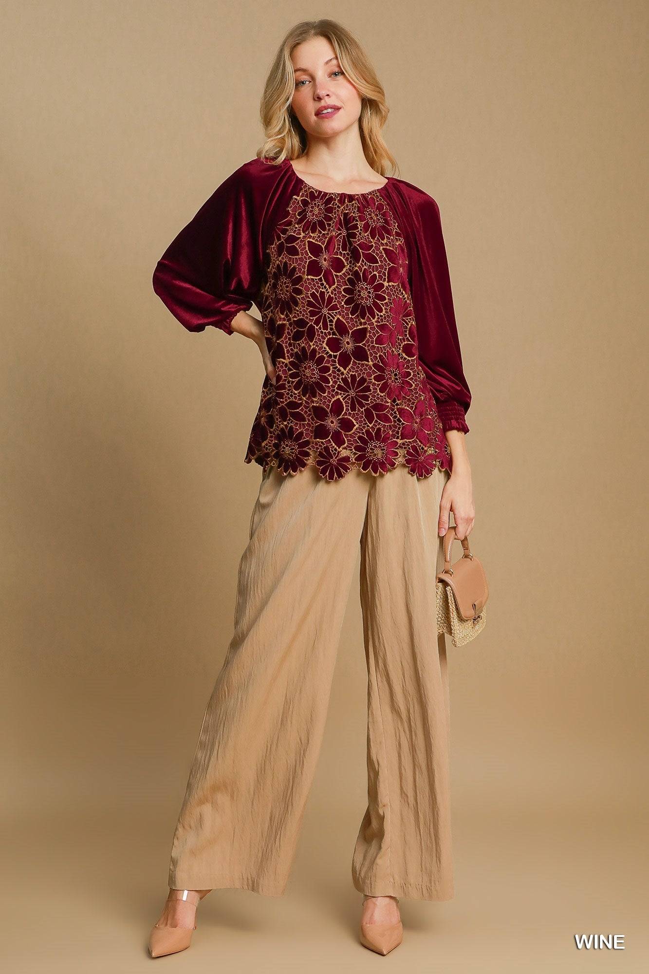Floral Lace Velvet Top with 3/4 Smocked Raglan Sleeves