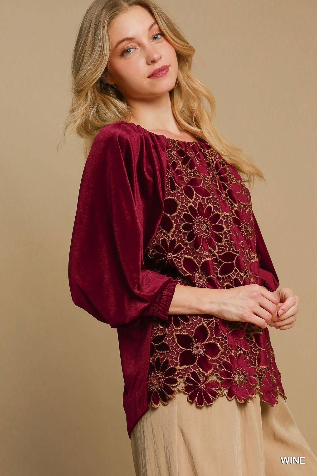 Floral Lace Velvet Top with 3/4 Smocked Raglan Sleeves