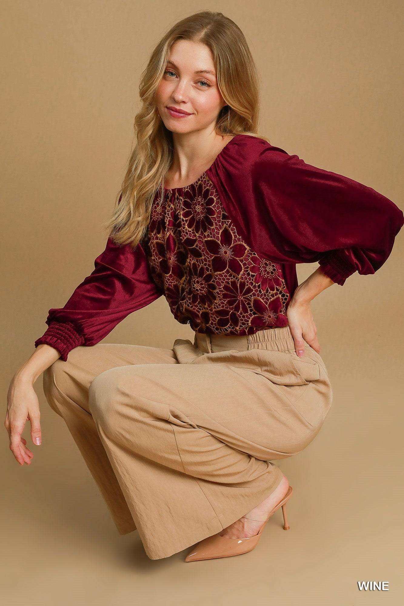 Floral Lace Velvet Top with 3/4 Smocked Raglan Sleeves