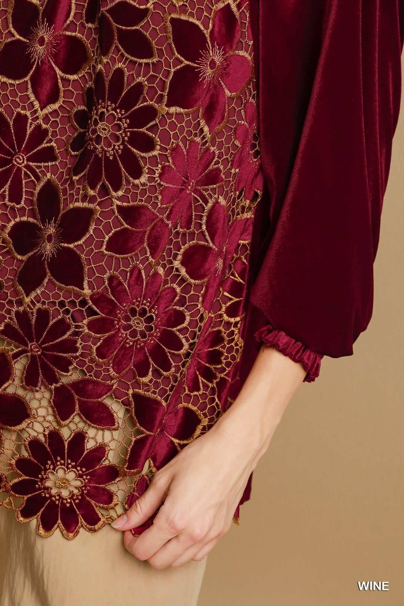 Floral Lace Velvet Top with 3/4 Smocked Raglan Sleeves