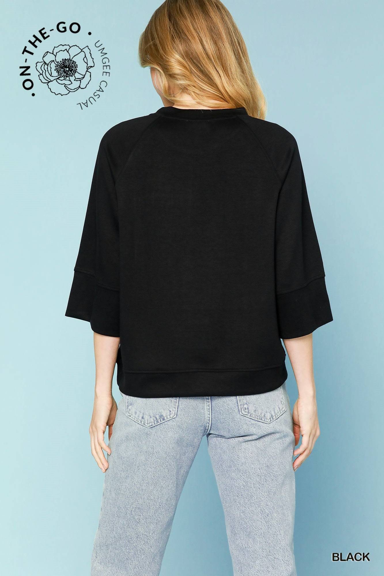 3/4 Sleeved Drop Shoulder Black Top