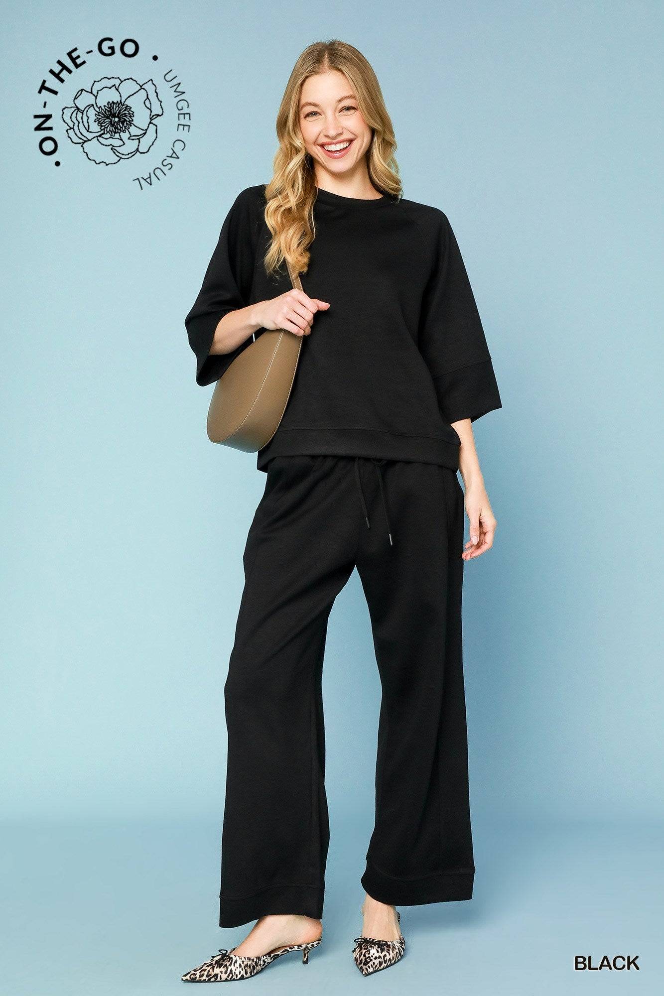3/4 Sleeved Drop Shoulder Black Top
