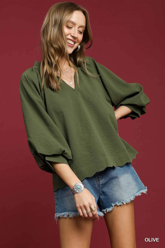Split V Neck Textured Top with 3/4 Balloon Sleeves & Scalloped Hem