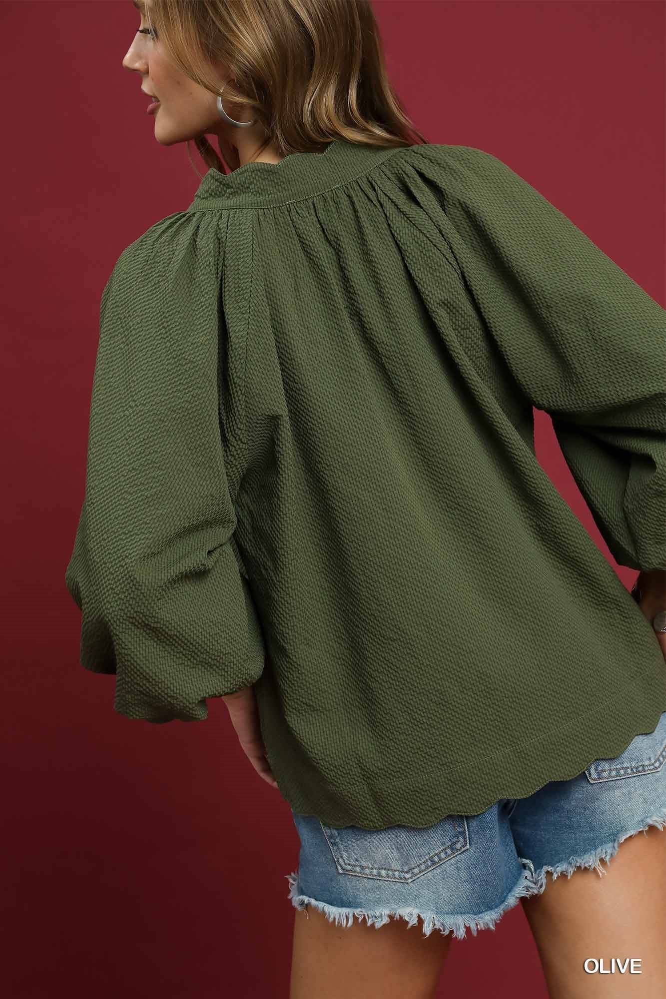 Split V Neck Textured Top with 3/4 Balloon Sleeves & Scalloped Hem