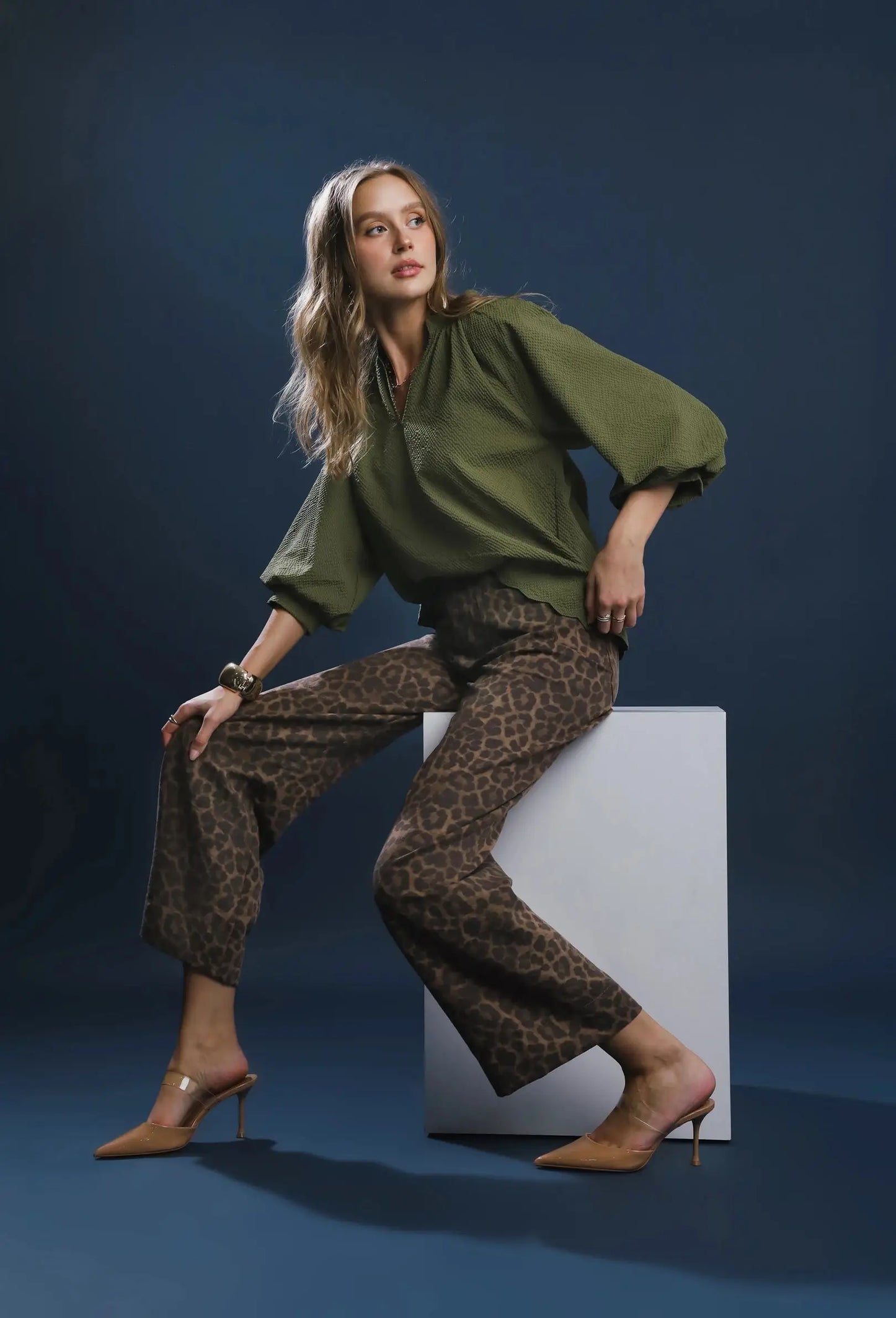 Split V Neck Textured Top with 3/4 Balloon Sleeves & Scalloped Hem