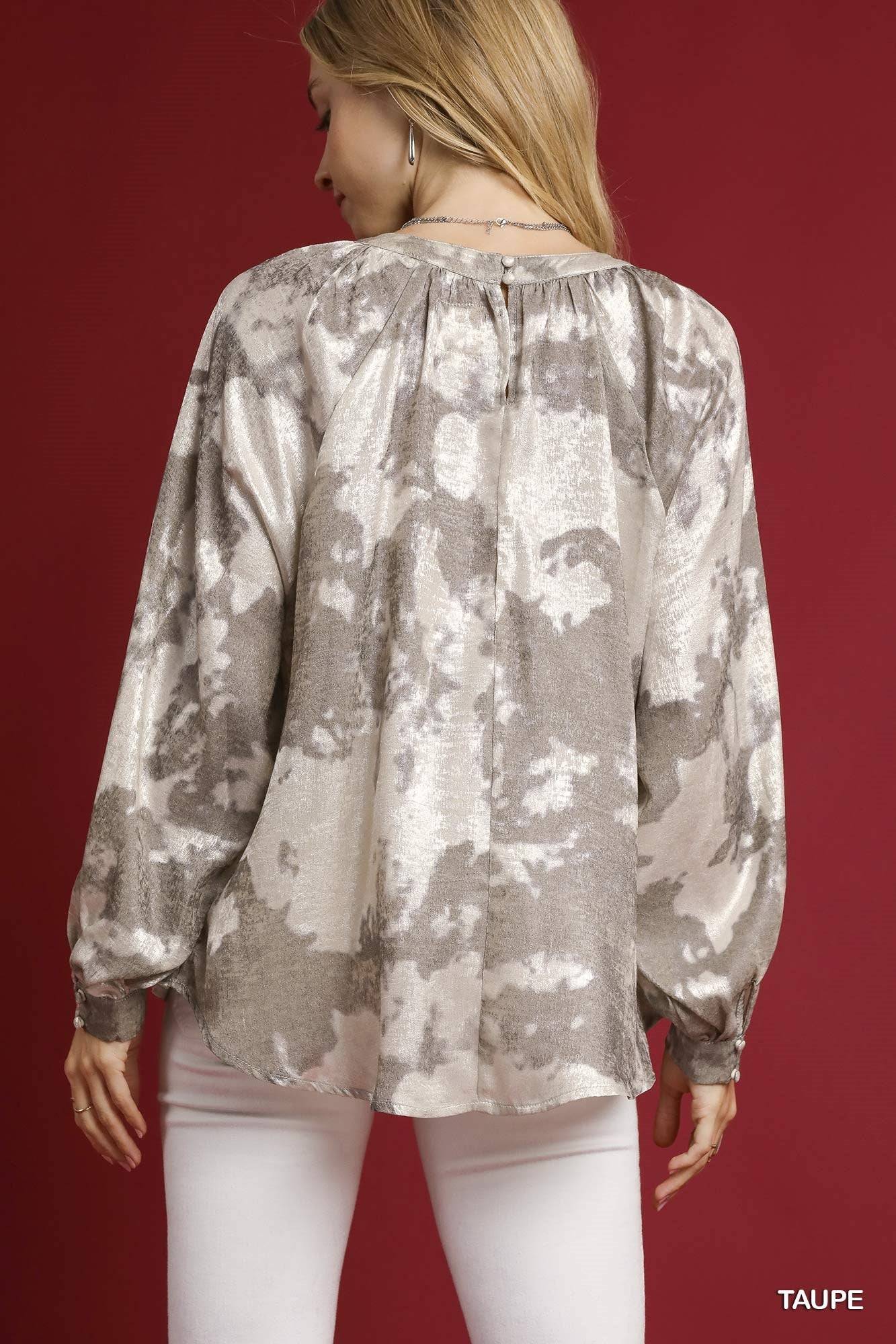 Metallic Fabric Blouse with Long Balloon Sleeves