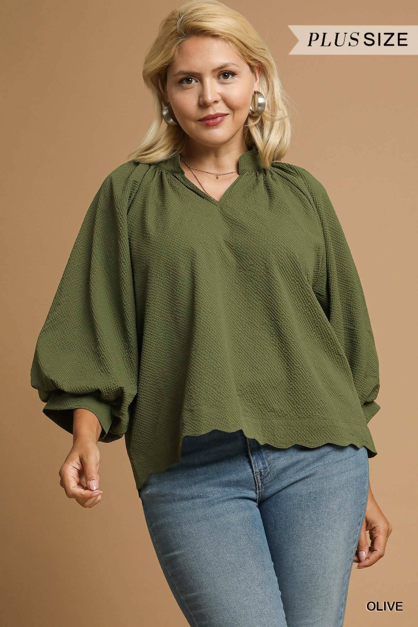 Split V Neck Textured Top with 3/4 Balloon Sleeves & Scalloped Hem