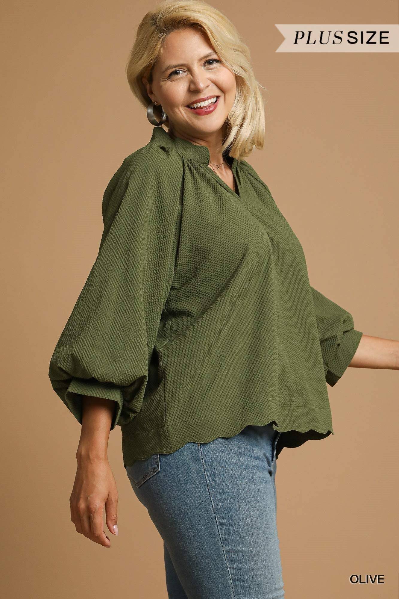 Split V Neck Textured Top with 3/4 Balloon Sleeves & Scalloped Hem