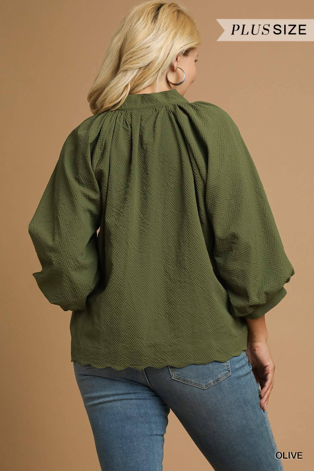 Split V Neck Textured Top with 3/4 Balloon Sleeves & Scalloped Hem