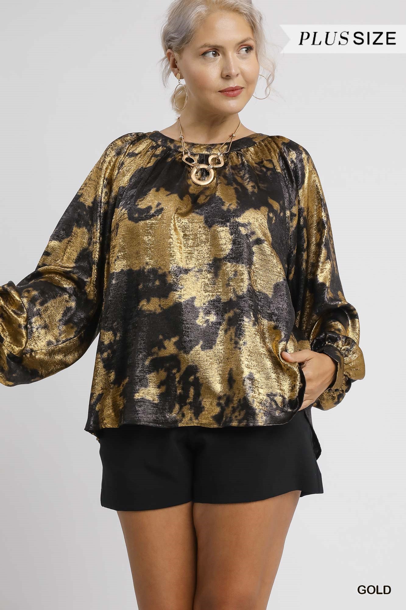 Metallic Fabric Blouse with Long Balloon Sleeves