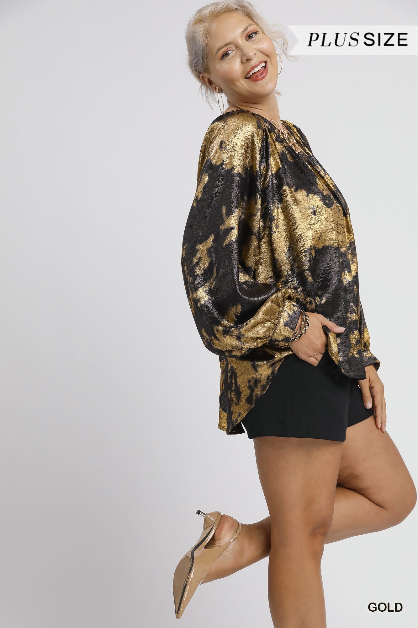 Metallic Fabric Blouse with Long Balloon Sleeves