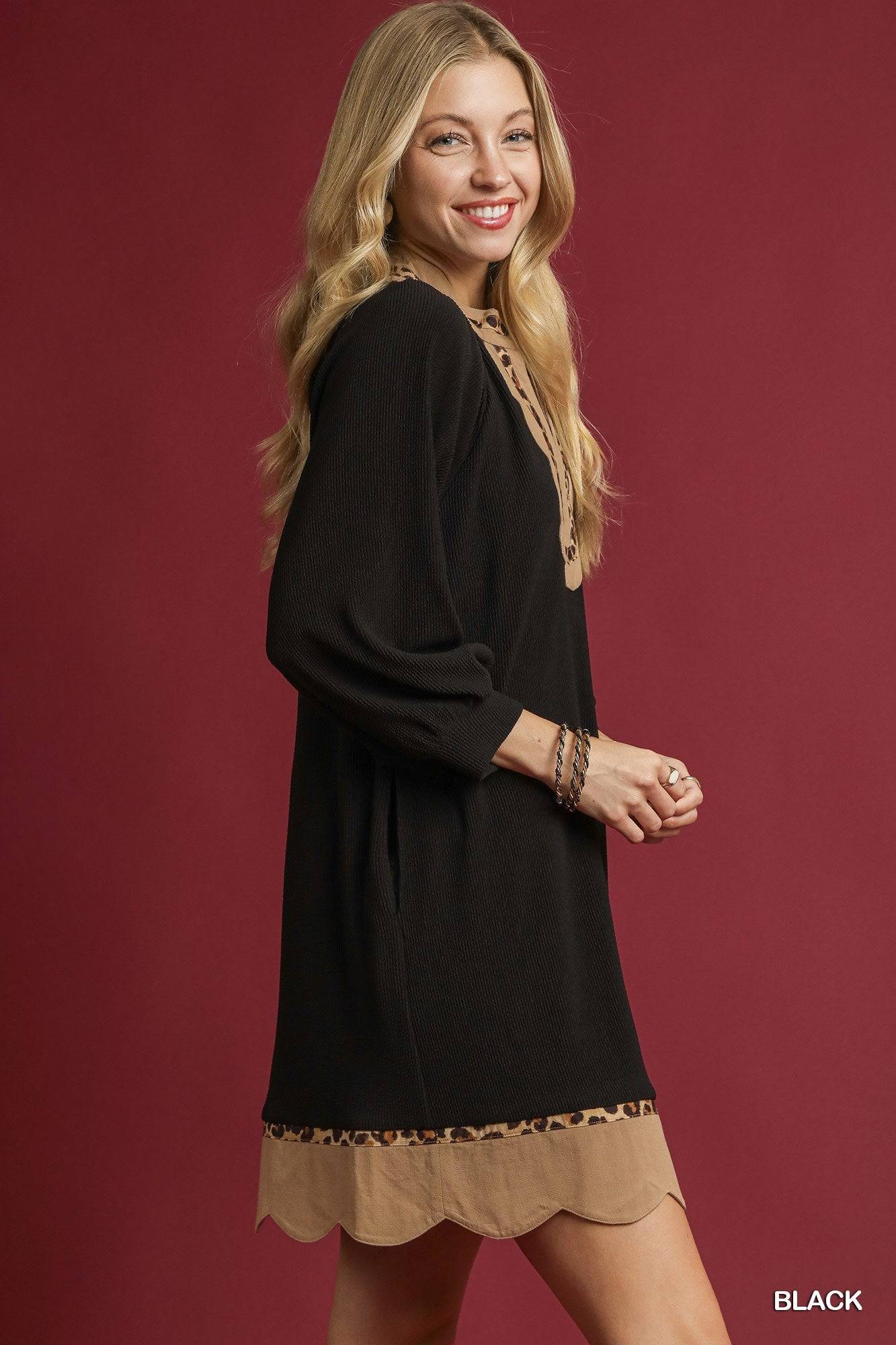 Tunic Dress with Leopard Trim & Scalloped Details
