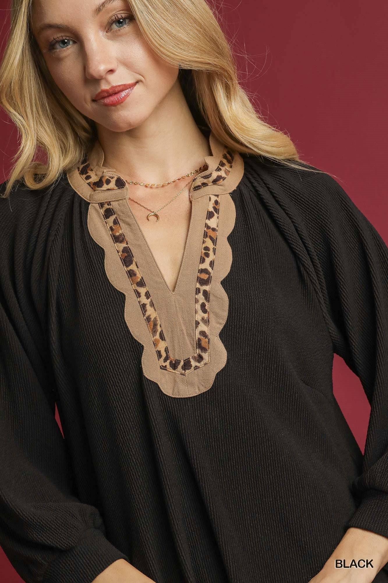 Tunic Dress with Leopard Trim & Scalloped Details