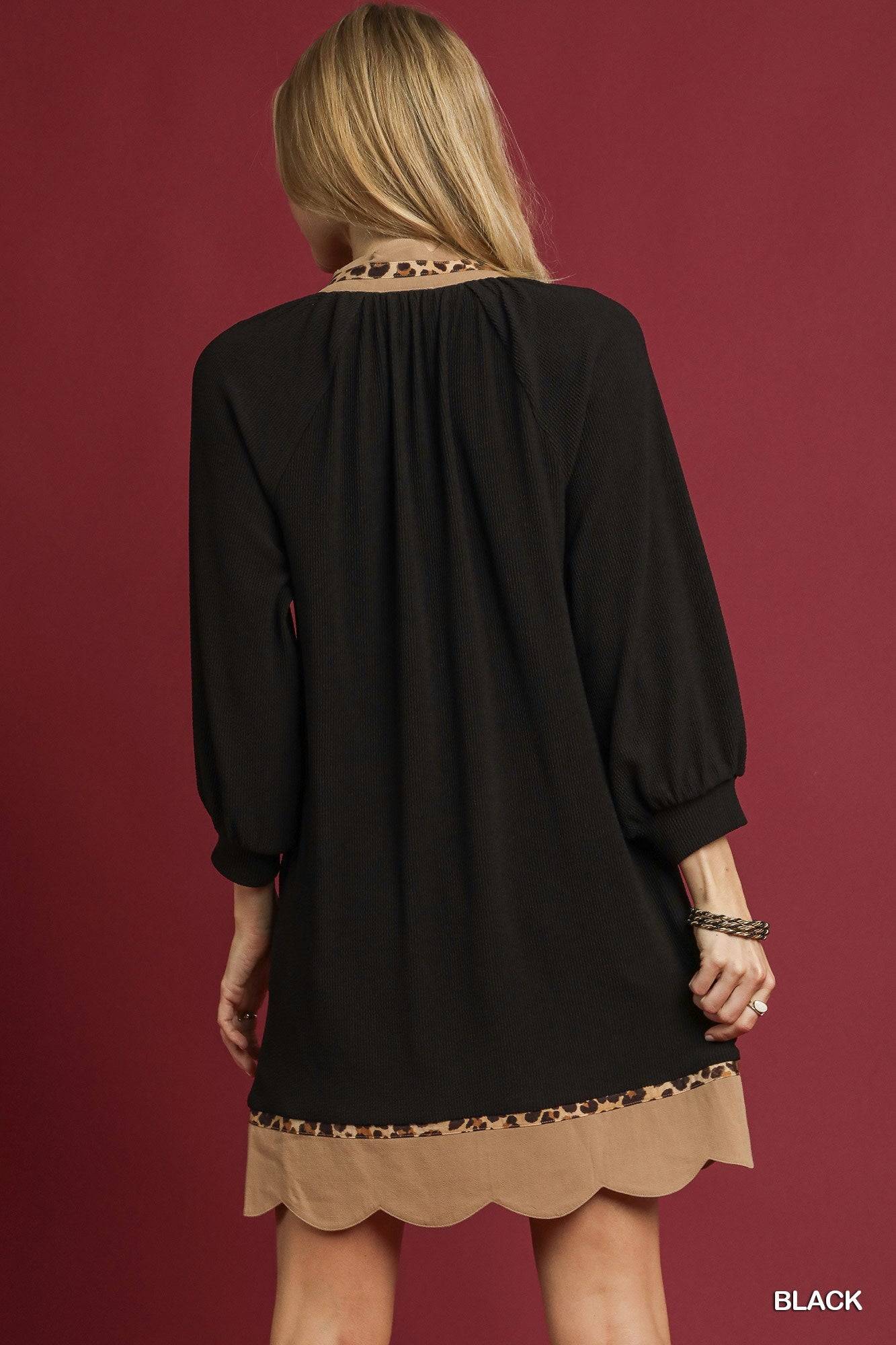 Tunic Dress with Leopard Trim & Scalloped Details