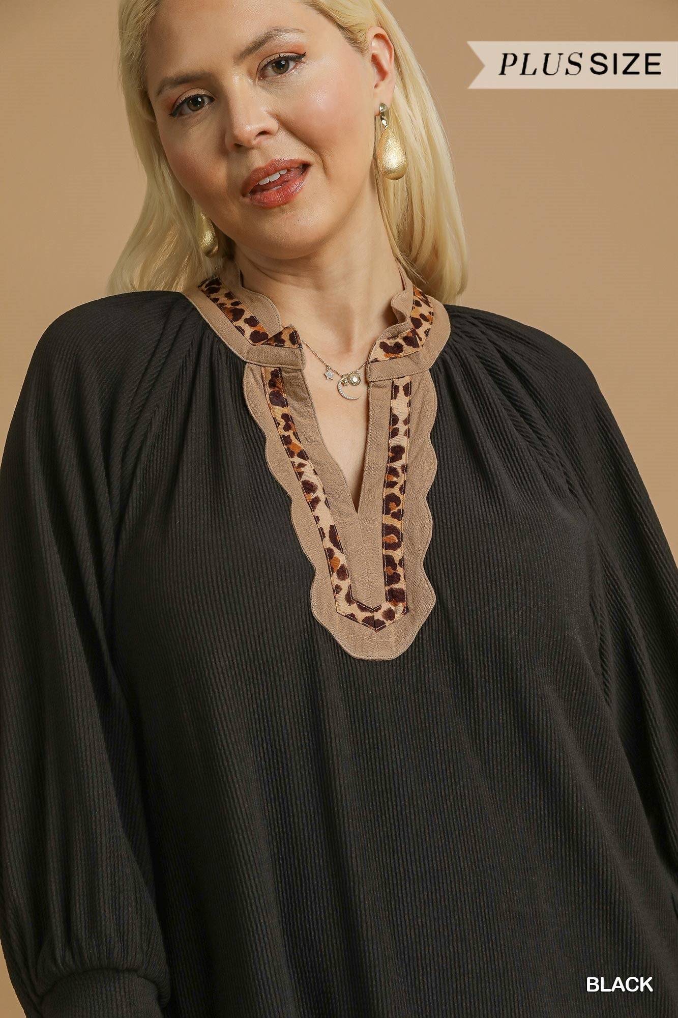 Tunic Dress with Leopard Trim & Scalloped Details