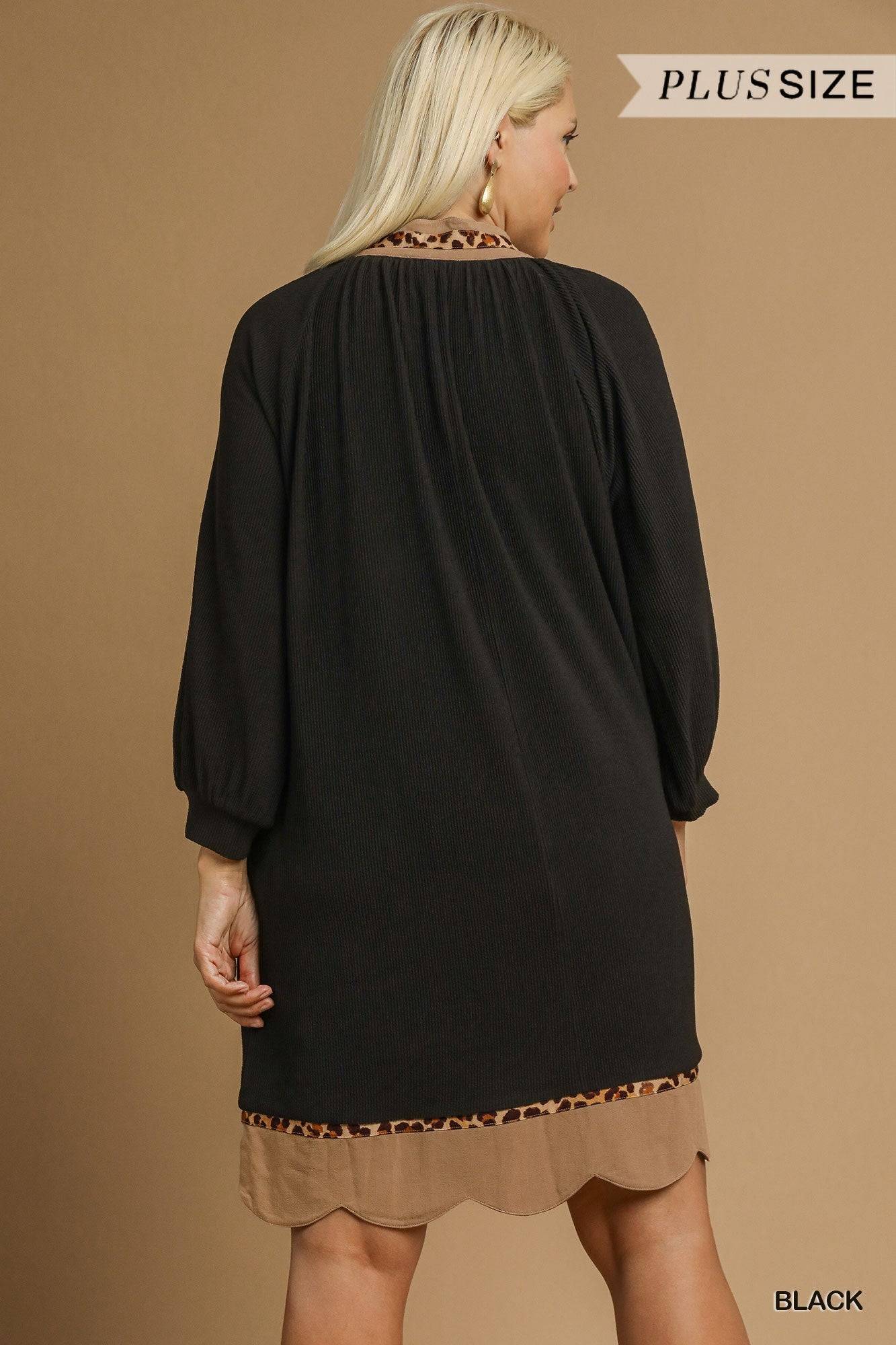 Tunic Dress with Leopard Trim & Scalloped Details