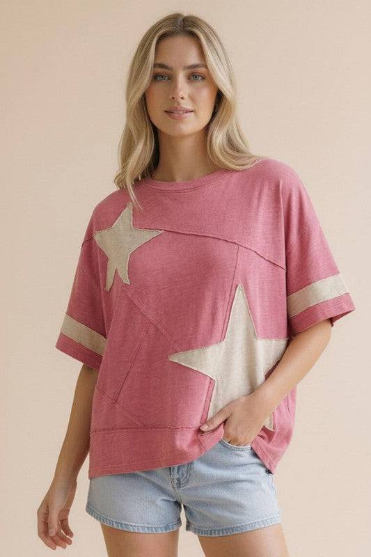 Patriotic Star Patchwork Knit Top for Casual Looks