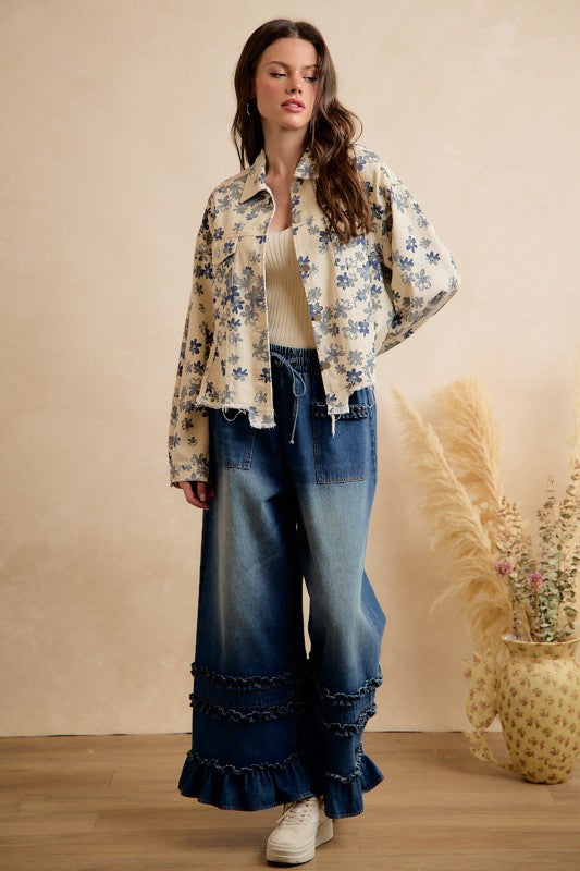 Floral Cropped Washed Denim Jacket