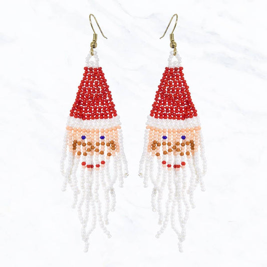 Santa Seed Bead Tassel Dangle Earrings - Christmas Holiday Jewelry