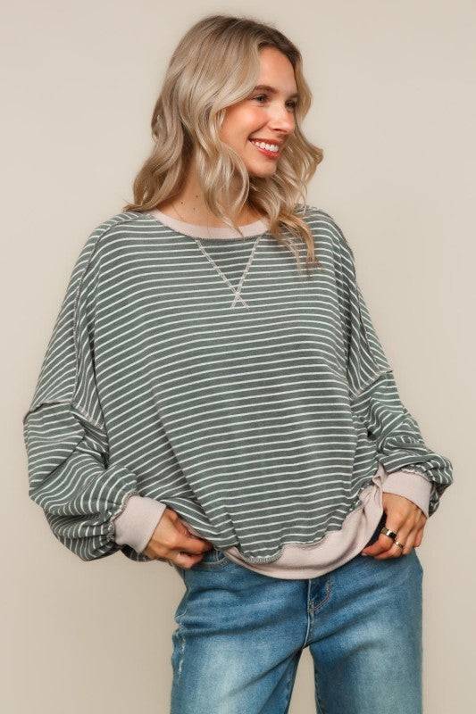 Color Block Stripe Loose Fit Pullover Knit Top
