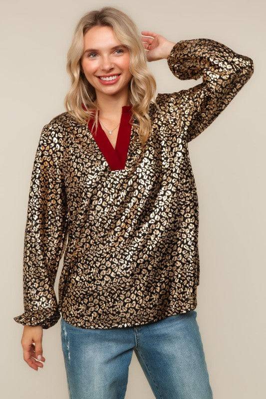 Cheetah Foil Print Long Sleeve Blouse Top
