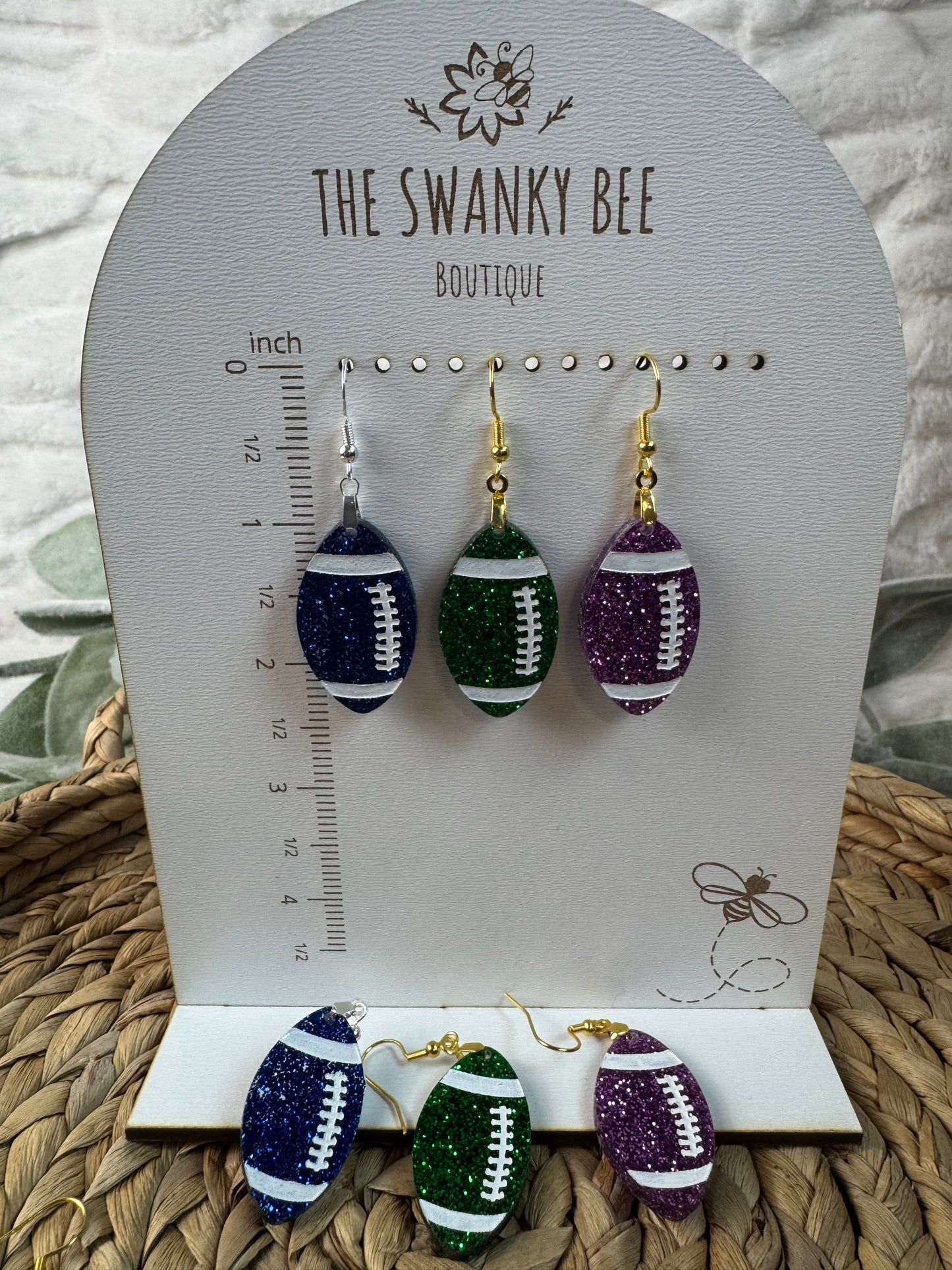 Glitter Football Earrings – Game Day Drop Earrings in Team Colors – 2.5" Football Dangles – Custom Football Mom Jewelry