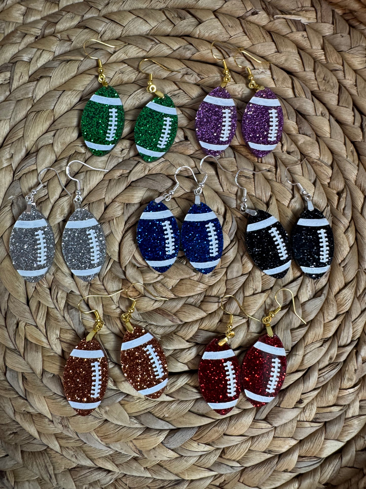 Glitter Football Earrings – Game Day Drop Earrings in Team Colors – 2.5" Football Dangles – Custom Football Mom Jewelry