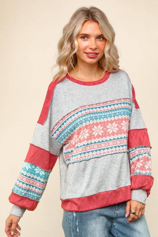 Snowflake Pattern Color Block Pullover Top