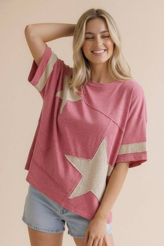 Patriotic Star Patchwork Knit Top for Casual Looks