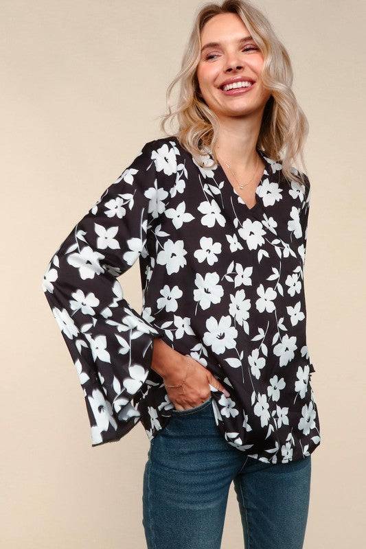 Floral V-Neck Blouse with Hi-Low Ruffle Hem Sleeves – Three Quarter Sleeve Waterfall Top