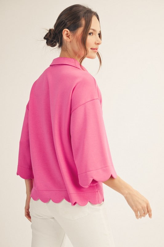 Scallop Edge 3/4 Sleeve Collared V-Neck Blouse