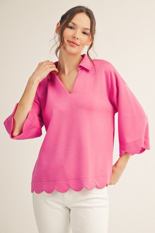 Scallop Edge 3/4 Sleeve Collared V-Neck Blouse