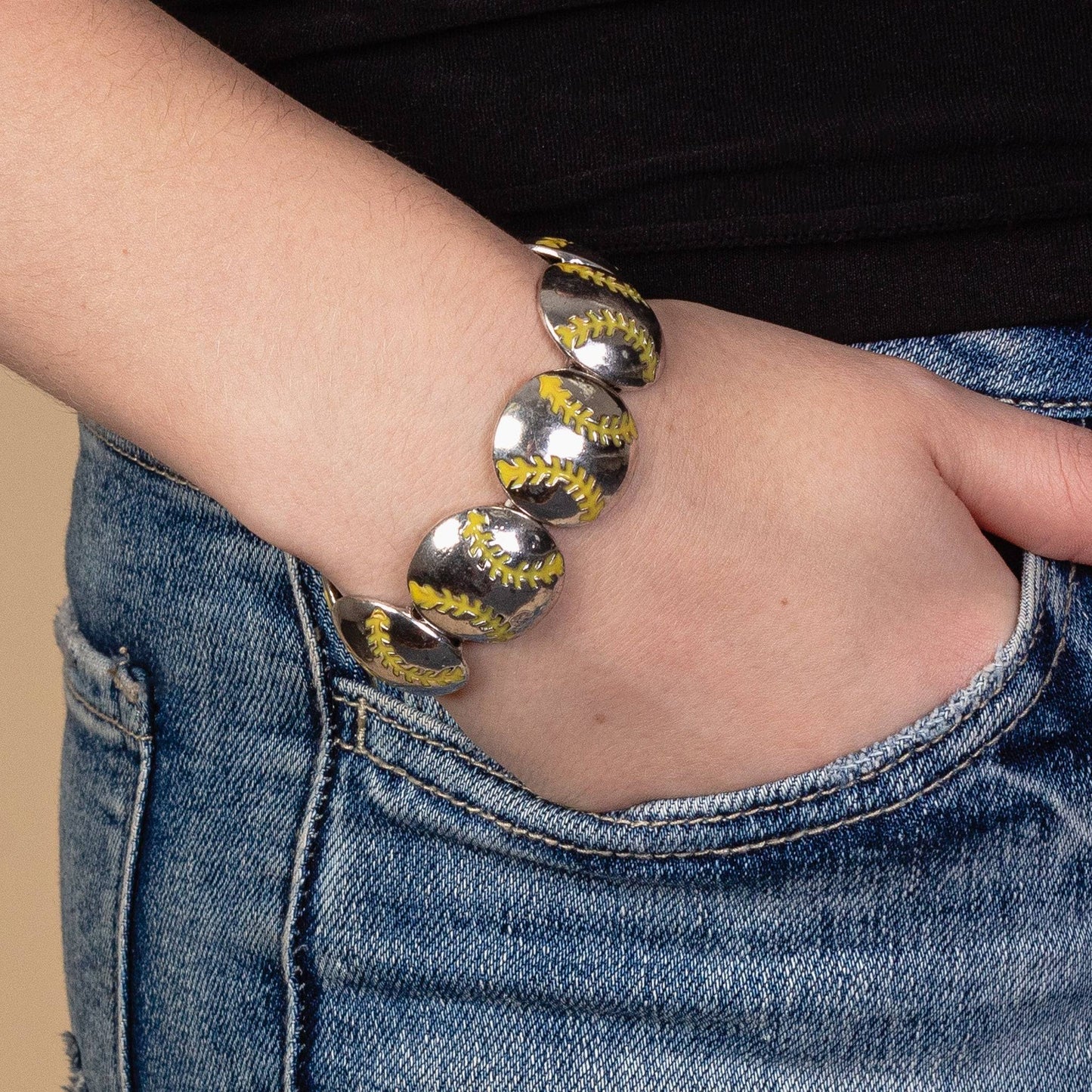 Softball Stretch Bracelet – Silver Tone with Yellow Stitch Detail