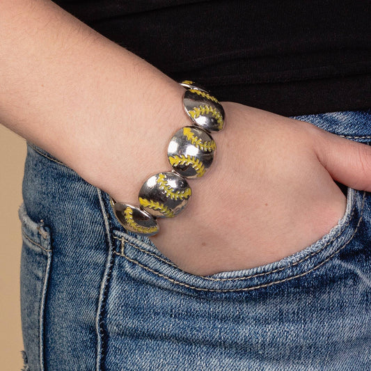 Softball Stretch Bracelet – Silver Tone with Yellow Stitch Detail