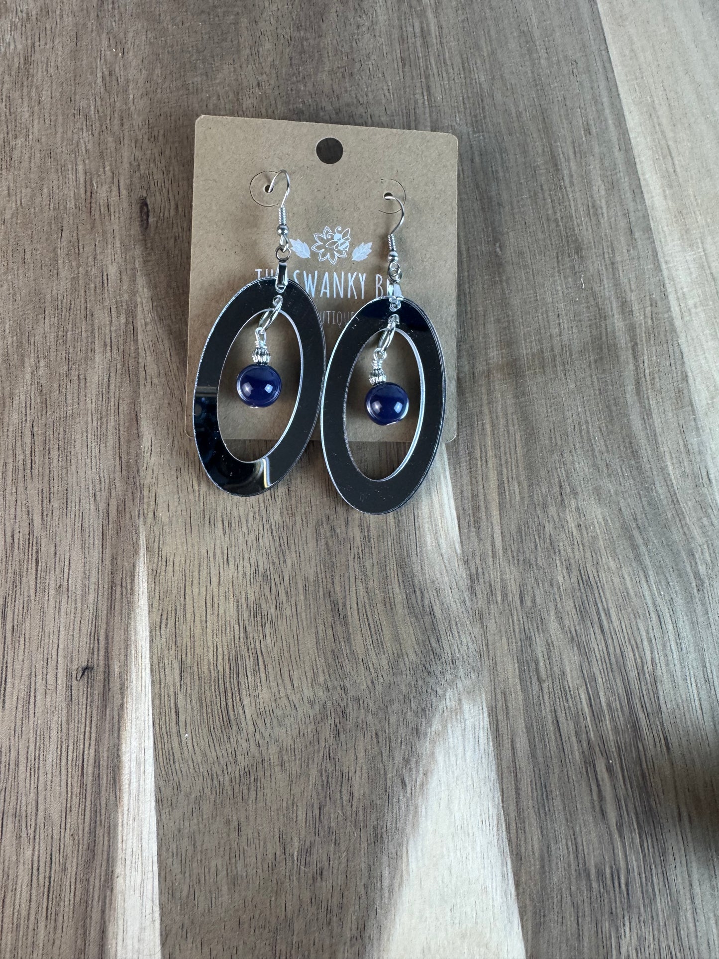 Silver Mirror Acrylic Oval Earrings with Blue Dangle Bead