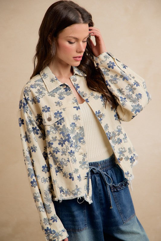 Floral Cropped Washed Denim Jacket