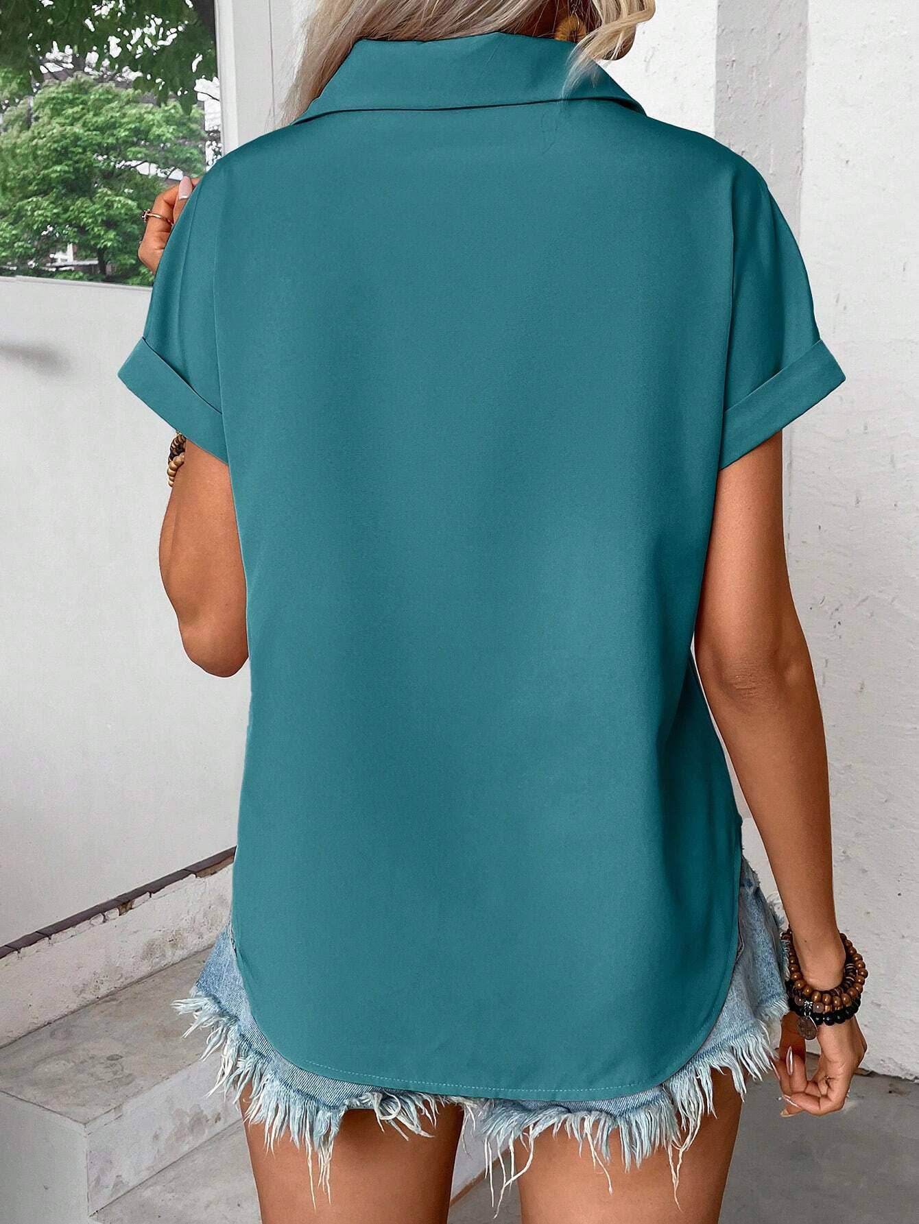 Solid Color Button-Down Pleated Top