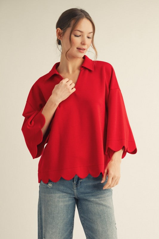 Scallop Edge 3/4 Sleeve Collared V-Neck Blouse