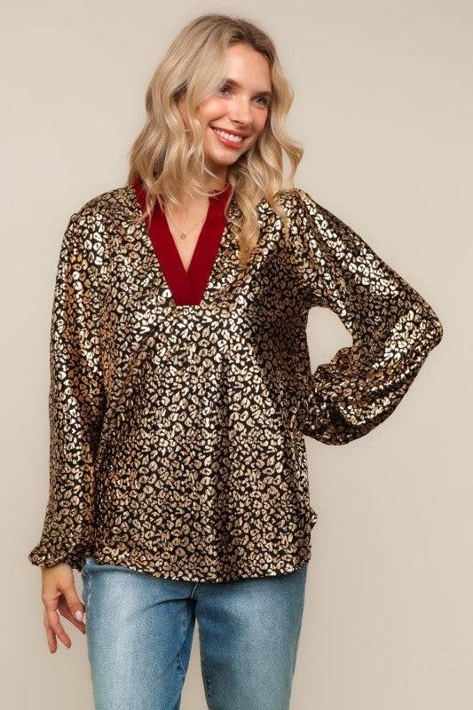 Cheetah Foil Print Long Sleeve Blouse Top