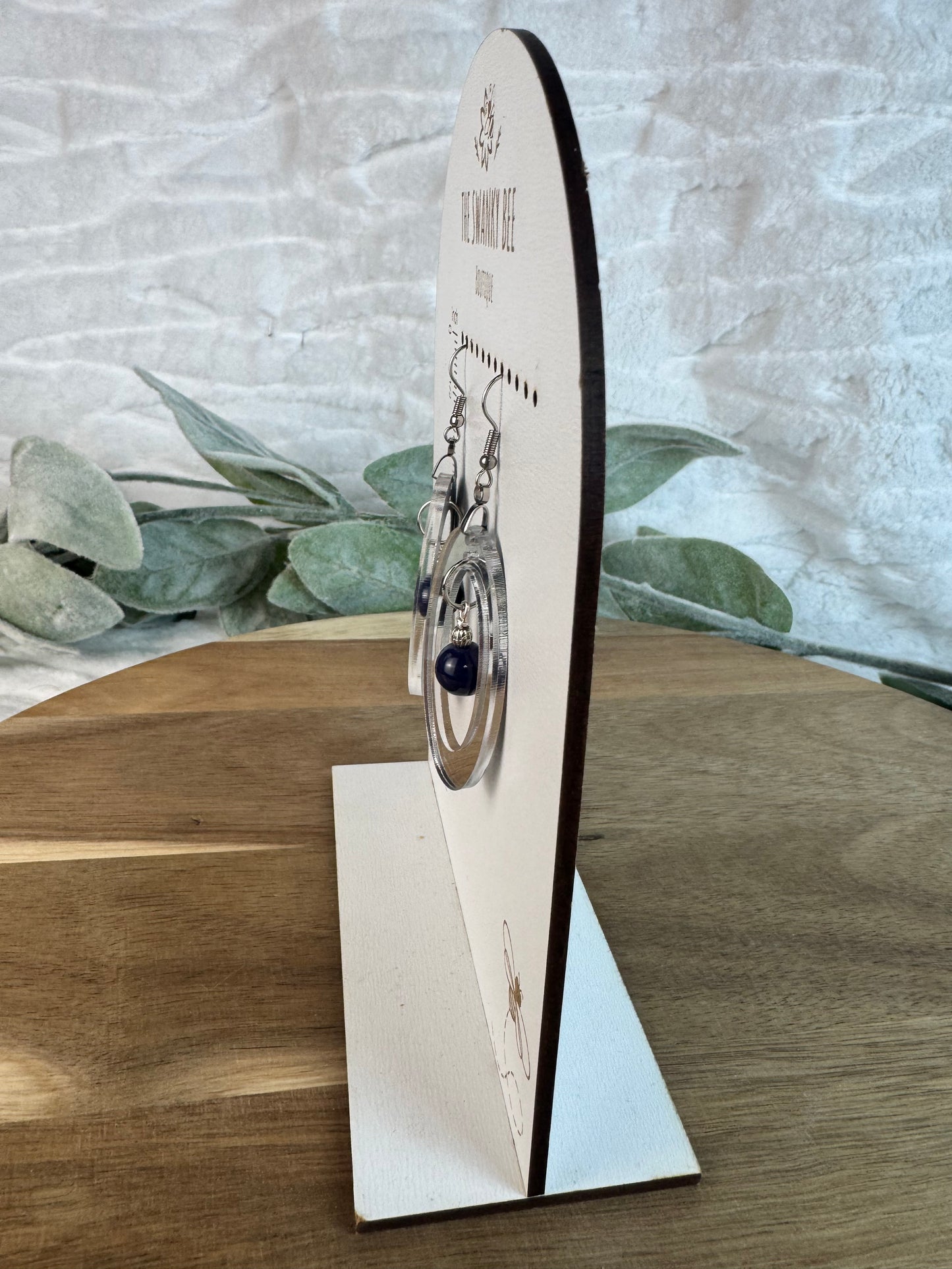 Silver Mirror Acrylic Oval Earrings with Blue Dangle Bead