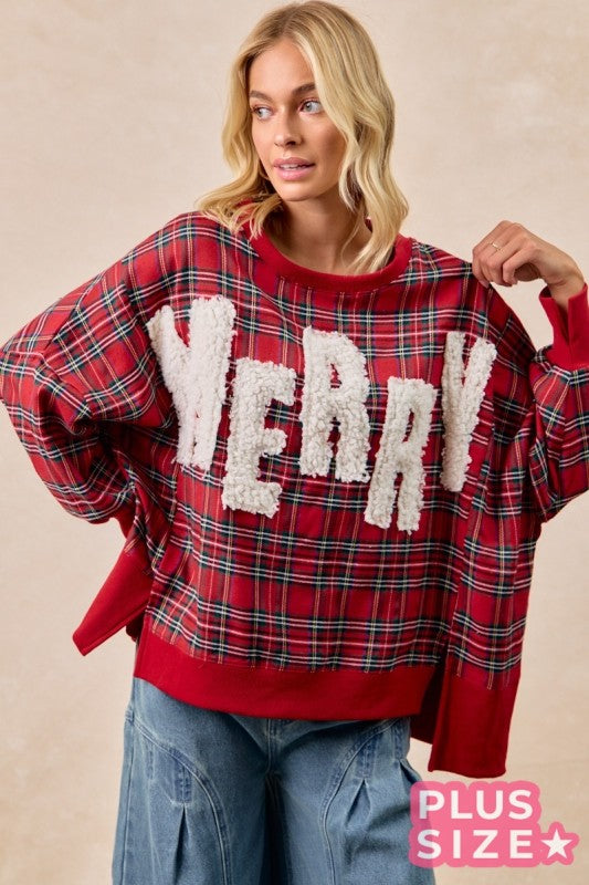 Merry Letter Patches Christmas Plaid Sweatshirt