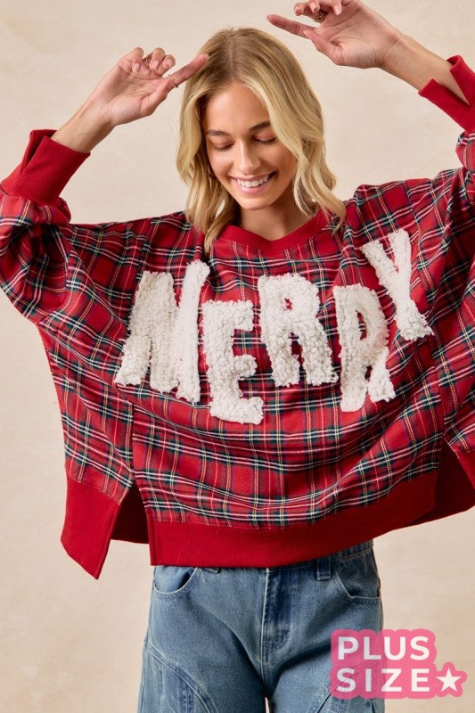 Merry Letter Patches Christmas Plaid Sweatshirt