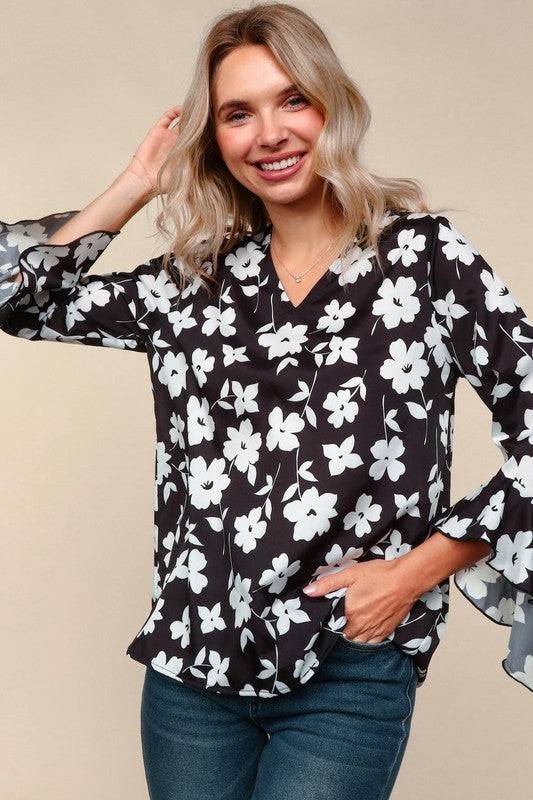 Floral V-Neck Blouse with Hi-Low Ruffle Hem Sleeves – Three Quarter Sleeve Waterfall Top