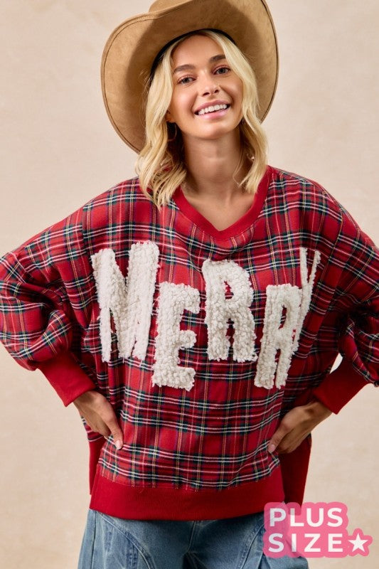 Merry Letter Patches Christmas Plaid Sweatshirt