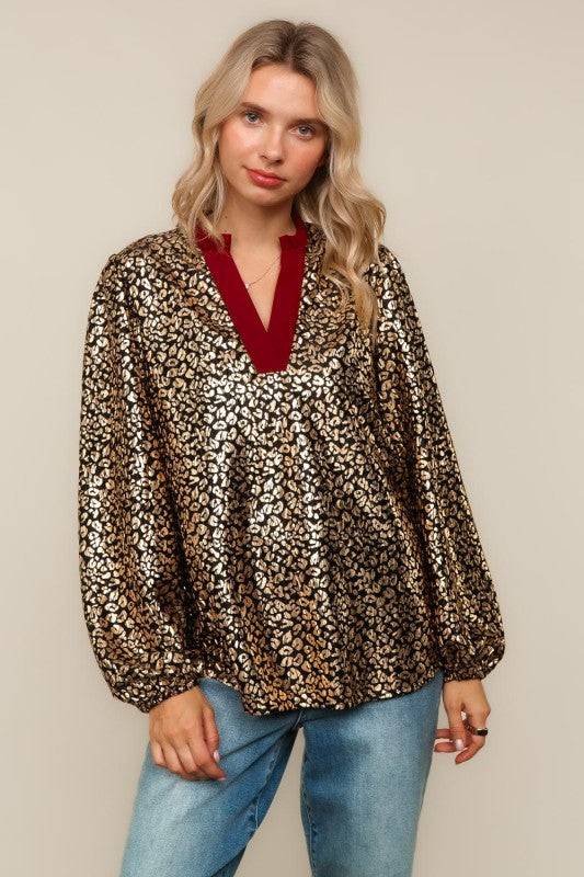 Cheetah Foil Print Long Sleeve Blouse Top