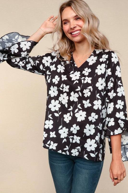 Floral V-Neck Blouse with Hi-Low Ruffle Hem Sleeves – Three Quarter Sleeve Waterfall Top