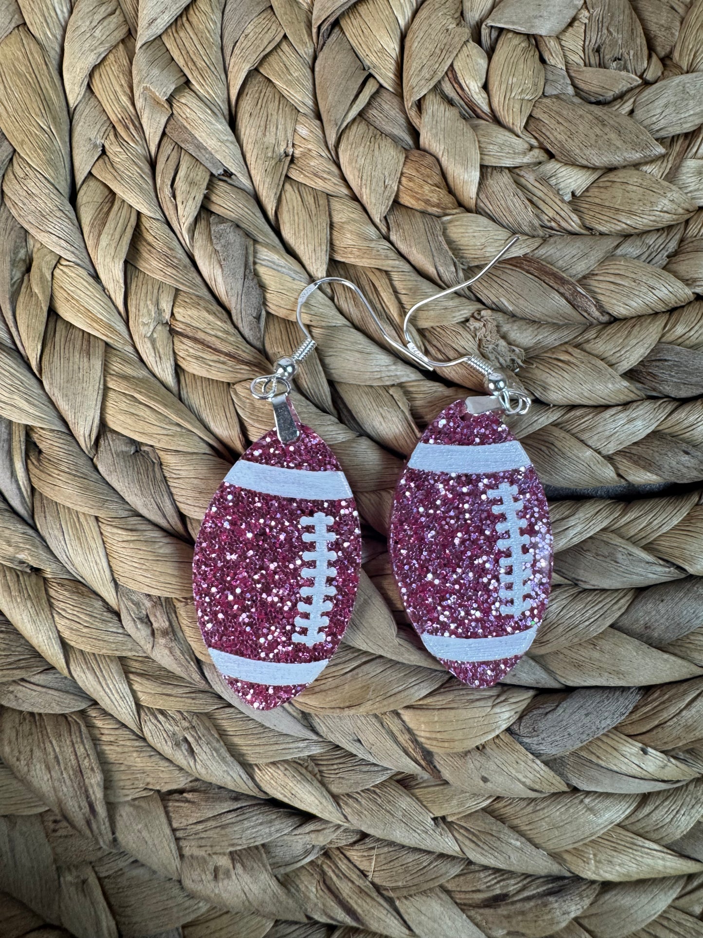 Glitter Football Earrings – Game Day Drop Earrings in Team Colors – 2.5" Football Dangles – Custom Football Mom Jewelry