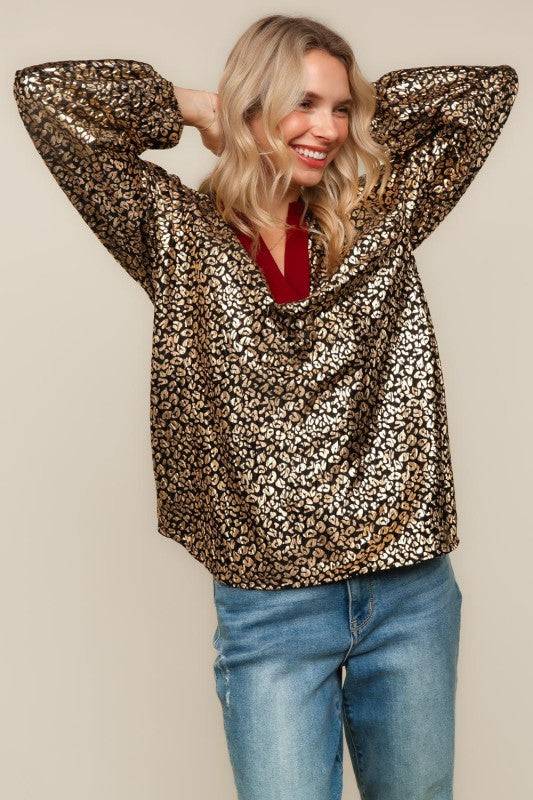 Cheetah Foil Print Long Sleeve Blouse Top
