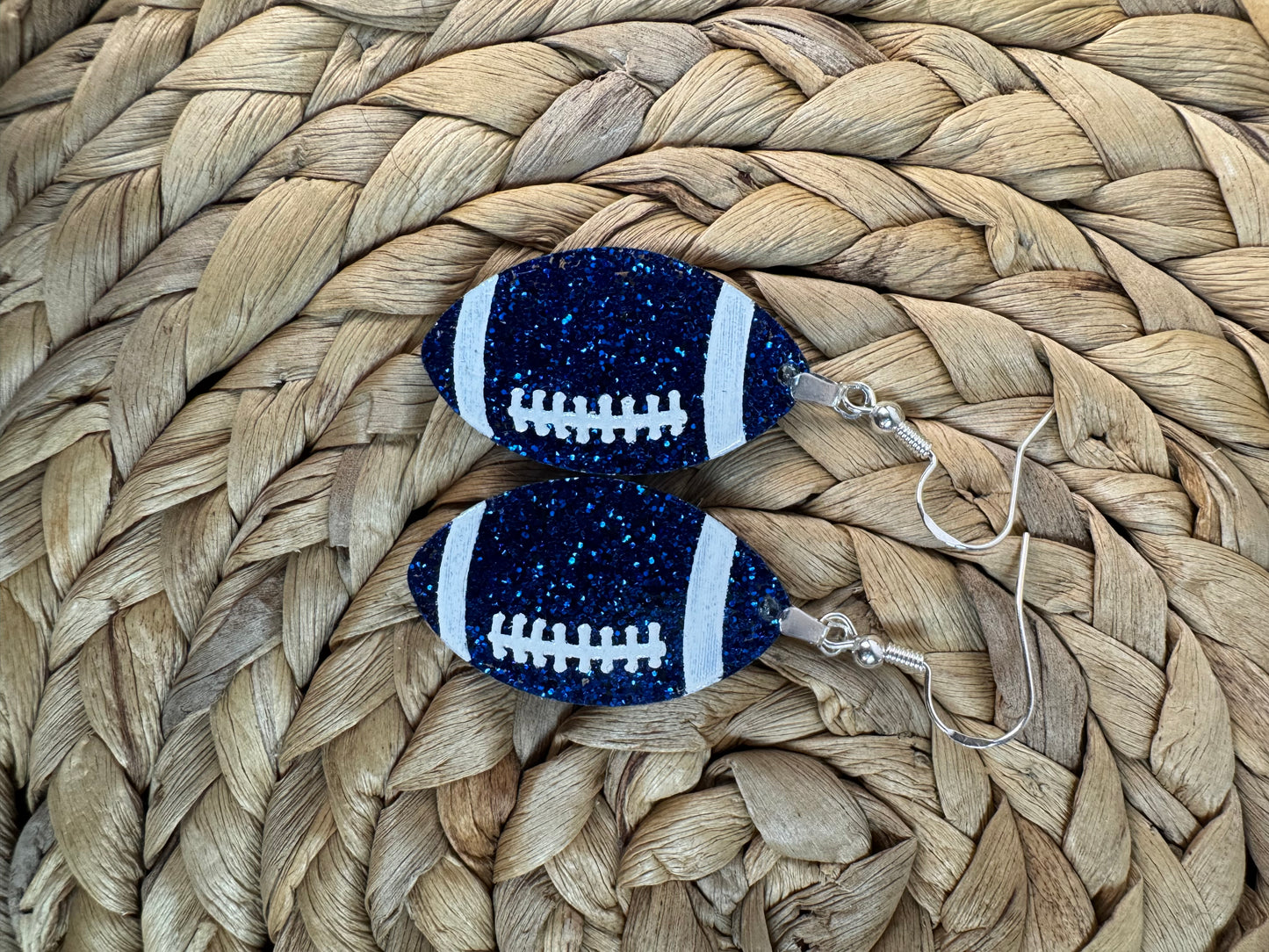 Glitter Football Earrings – Game Day Drop Earrings in Team Colors – 2.5" Football Dangles – Custom Football Mom Jewelry